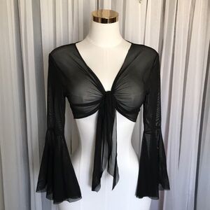 Black Sheer Extra Flare Sleeve Tie-Front Top